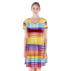 Background Line Rainbow Short Sleeve V-neck Flare Dress by HermanTelo