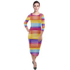 Background Line Rainbow Quarter Sleeve Midi Velour Bodycon Dress