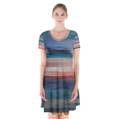 Background Horizontal Lines Short Sleeve V-neck Flare Dress by HermanTelo