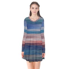 Background Horizontal Lines Long Sleeve V-neck Flare Dress by HermanTelo