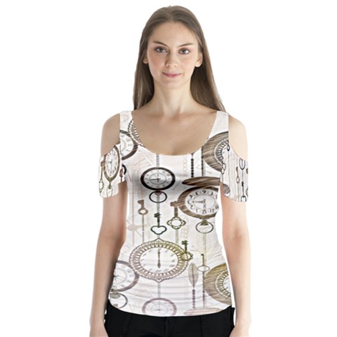 Background Watches Key Time Retro Butterfly Sleeve Cutout Tee  by HermanTelo