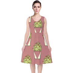 Cactus Pattern Background Texture V-neck Midi Sleeveless Dress 