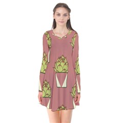 Cactus Pattern Background Texture Long Sleeve V-neck Flare Dress