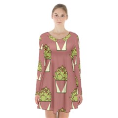 Cactus Pattern Background Texture Long Sleeve Velvet V-neck Dress