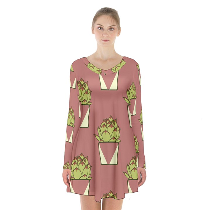 Cactus Pattern Background Texture Long Sleeve Velvet V-neck Dress