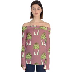 Cactus Pattern Background Texture Off Shoulder Long Sleeve Top by HermanTelo