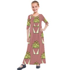 Cactus Pattern Background Texture Kids  Quarter Sleeve Maxi Dress by HermanTelo