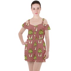 Cactus Pattern Background Texture Ruffle Cut Out Chiffon Playsuit