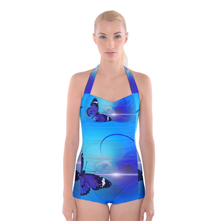 Butterfly Animal Insect Boyleg Halter Swimsuit 