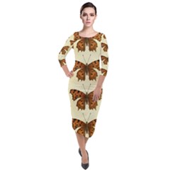 Butterflies Insects Pattern Quarter Sleeve Midi Velour Bodycon Dress