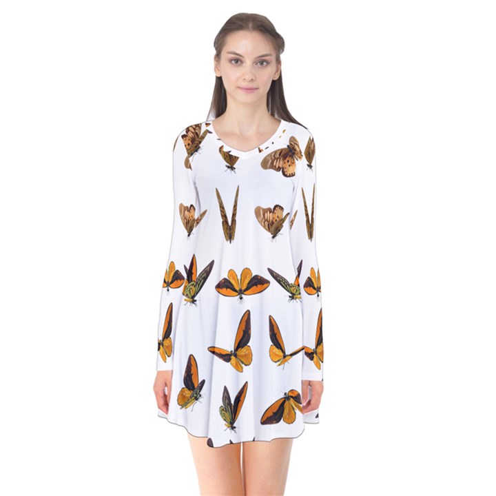 Butterflies Insect Swarm Long Sleeve V-neck Flare Dress