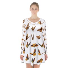 Butterflies Insect Swarm Long Sleeve Velvet V-neck Dress