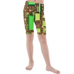 Blocks Cubes Green Kids  Mid Length Swim Shorts