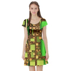 Blocks Cubes Green Short Sleeve Skater Dress