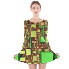 Blocks Cubes Green Long Sleeve Velvet Skater Dress