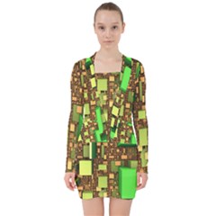 Blocks Cubes Green V-neck Bodycon Long Sleeve Dress by HermanTelo