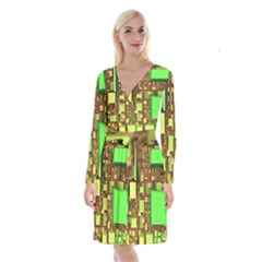 Blocks Cubes Green Long Sleeve Velvet Front Wrap Dress