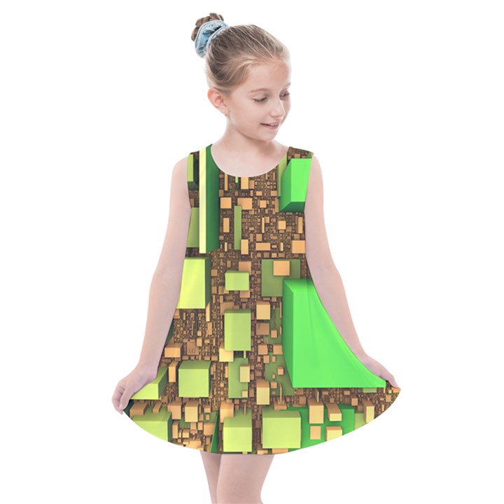 Blocks Cubes Green Kids  Summer Dress