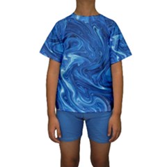 Blue Pattern Texture Art Kids  Short Sleeve Swimwear