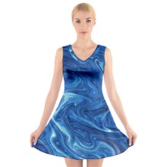 Blue Pattern Texture Art V-neck Sleeveless Dress