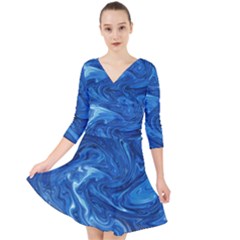 Blue Pattern Texture Art Quarter Sleeve Front Wrap Dress