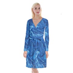 Blue Pattern Texture Art Long Sleeve Velvet Front Wrap Dress