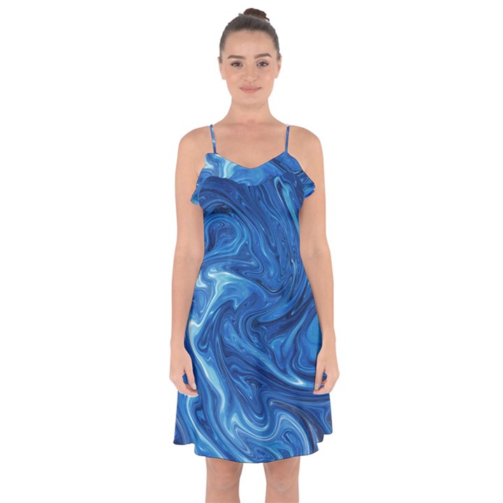 Blue Pattern Texture Art Ruffle Detail Chiffon Dress