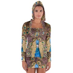 Bird Peacock Feather Long Sleeve Hooded T-shirt