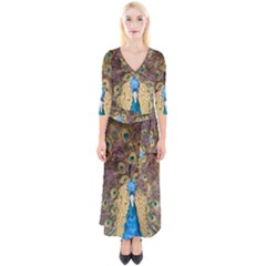 Bird Peacock Feather Quarter Sleeve Wrap Maxi Dress