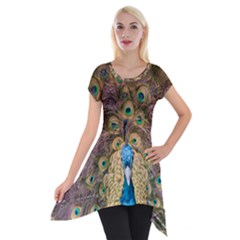 Bird Peacock Feather Short Sleeve Side Drop Tunic