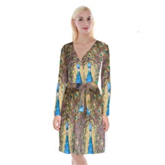 Bird Peacock Feather Long Sleeve Velvet Front Wrap Dress