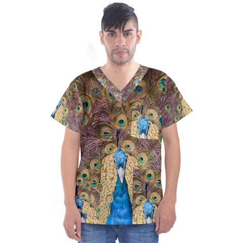 Bird Peacock Feather Men s V-neck Scrub Top by HermanTelo