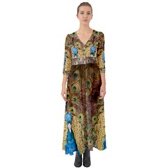 Bird Peacock Feather Button Up Boho Maxi Dress