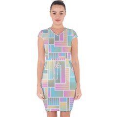 Color Blocks Abstract Background Capsleeve Drawstring Dress 