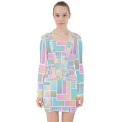 Color Blocks Abstract Background V-neck Bodycon Long Sleeve Dress by HermanTelo