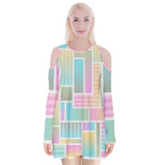 Color Blocks Abstract Background Velvet Long Sleeve Shoulder Cutout Dress