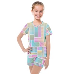 Color Blocks Abstract Background Kids  Mesh Tee And Shorts Set