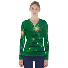 Christmas Tree Green V-neck Long Sleeve Top by HermanTelo