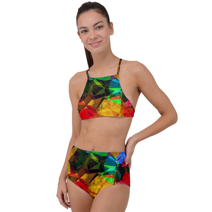 Color Abstract Polygon High Waist Tankini Set