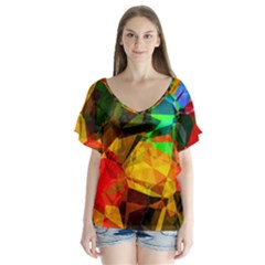 Color Abstract Polygon V-neck Flutter Sleeve Top