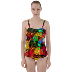 Color Abstract Polygon Twist Front Tankini Set