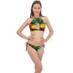 Color Abstract Polygon Cross Front Halter Bikini Set