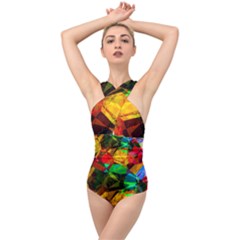 Color Abstract Polygon Cross Front Low Back Swimsuit