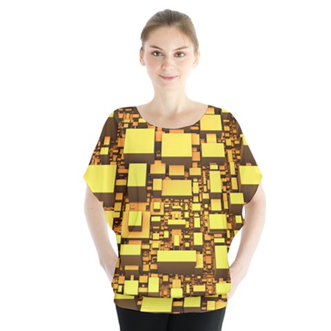 Cubes Grid Geometric 3d Square Batwing Chiffon Blouse by HermanTelo