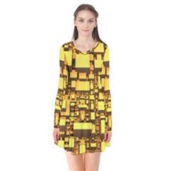 Cubes Grid Geometric 3d Square Long Sleeve V-neck Flare Dress