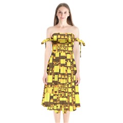 Cubes Grid Geometric 3d Square Shoulder Tie Bardot Midi Dress