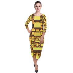 Cubes Grid Geometric 3d Square Quarter Sleeve Midi Velour Bodycon Dress