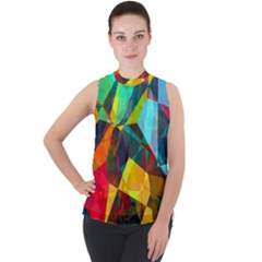 Color Abstract Polygon Background Mock Neck Chiffon Sleeveless Top