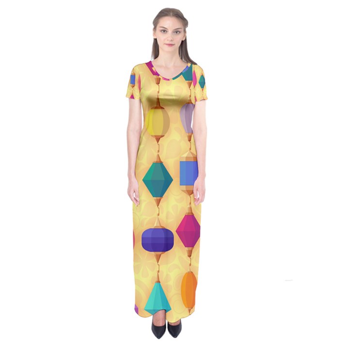 Colorful Background Stones Jewels Short Sleeve Maxi Dress