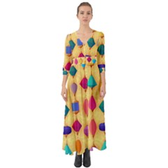 Colorful Background Stones Jewels Button Up Boho Maxi Dress